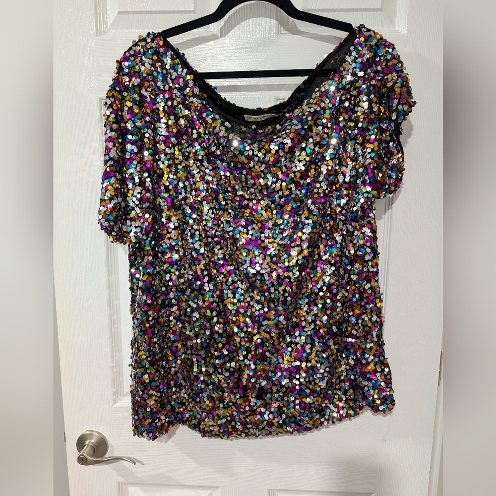 Anna-Kaci Multicolored Sequin Plus Size One Shoulder Top in Size 2XL